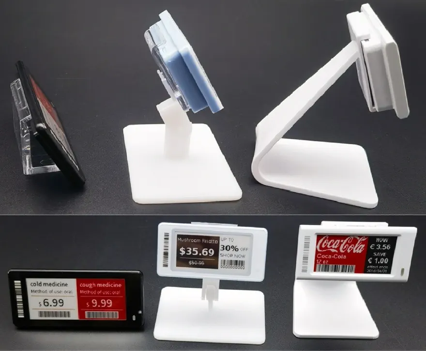 Etiquetas electrónicas de varios tamaños con soportes de estantería y de mostrador